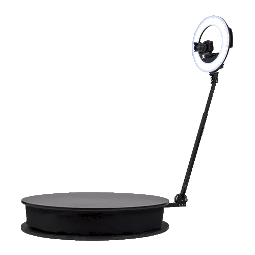 360 video booth platform with rotating camera arm and ring light