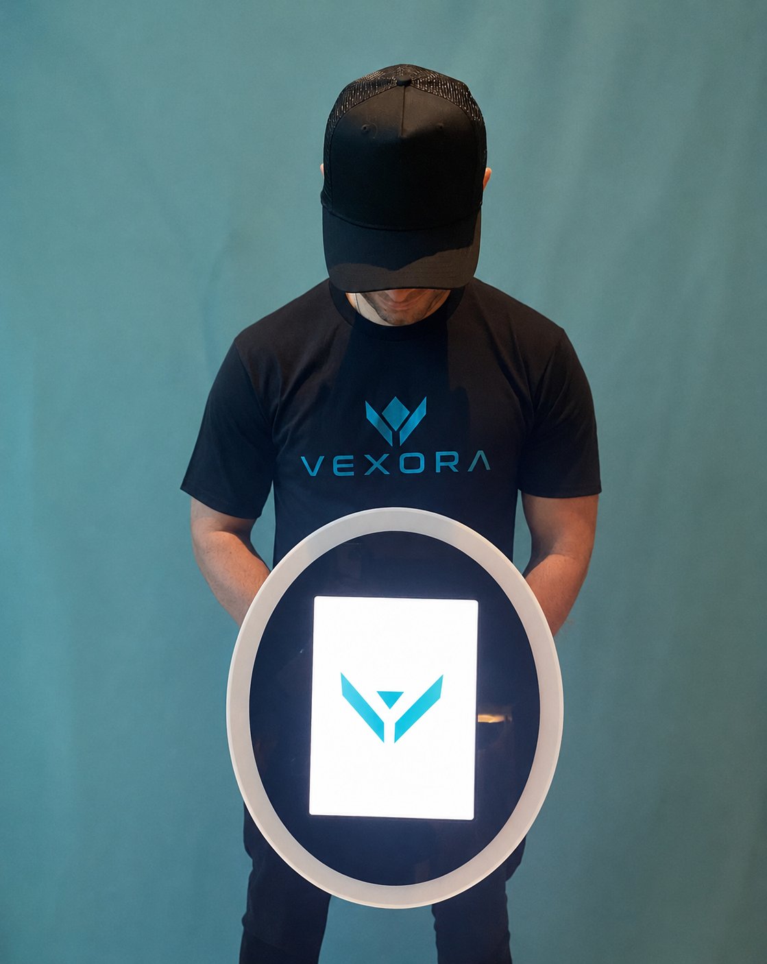 PartyFlix attendant holding the handheld roaming booth with its ring light